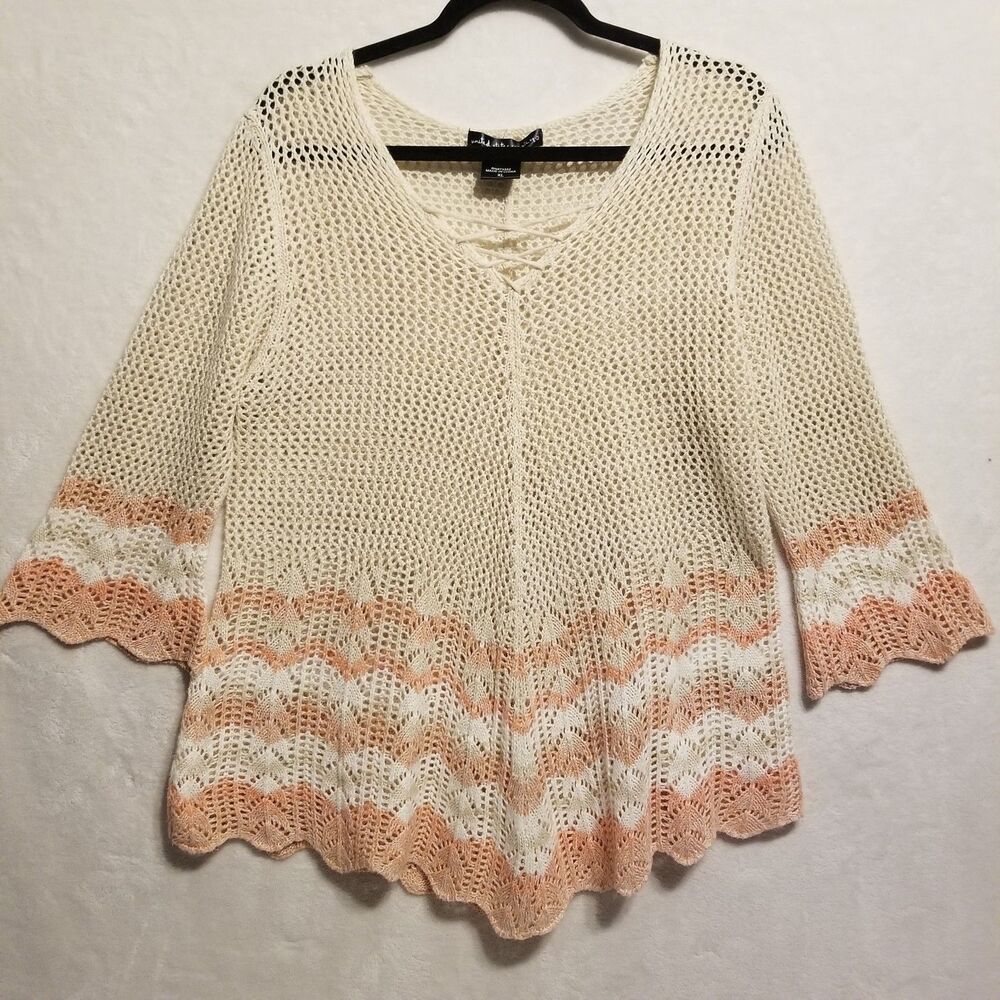 Womens XL Sweater Open Knit Beige Pink Stripes Beach Boho Transitional Feminine